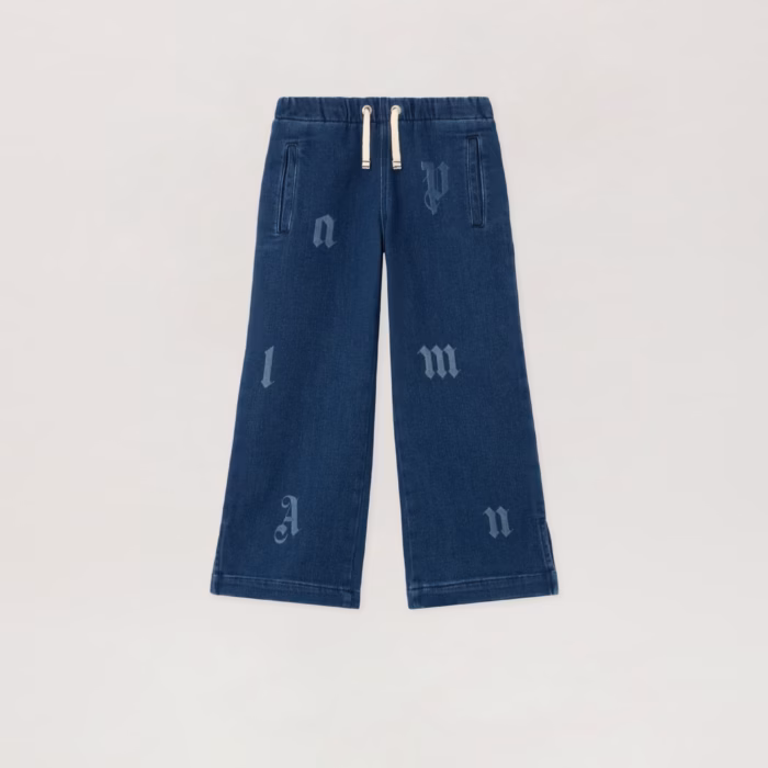 Letters Washed Wide-Leg Denim Pants