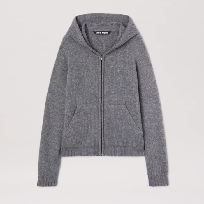 CURVED LOGO ZIP KNIT HOODY GREY MELANGE