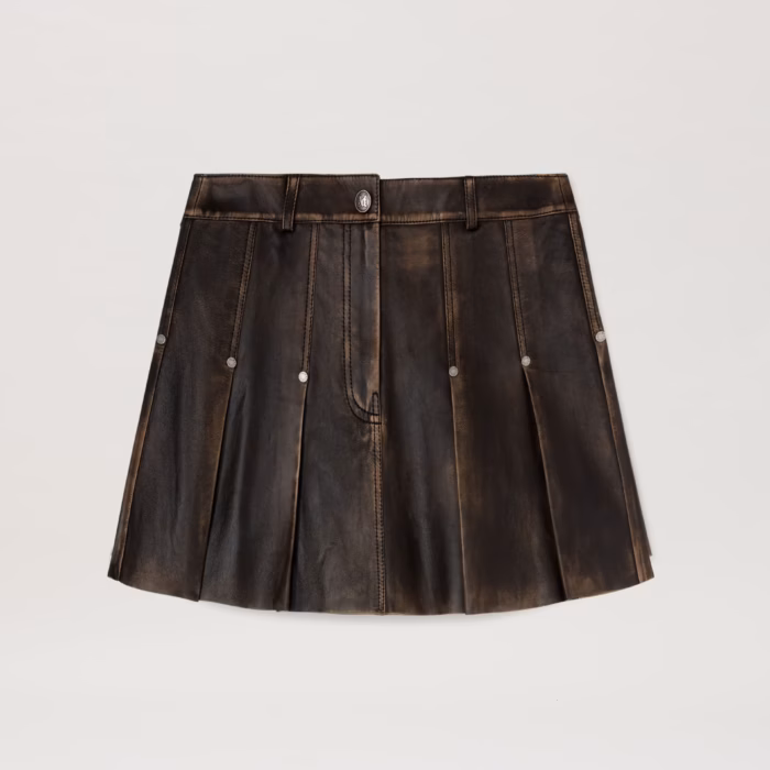 CURVED LOGO LEA PLEATED SKIRT BROWN - DA