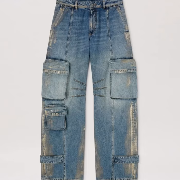 COATED DENIM CARGO PANTS MEDIUM BLUE - S