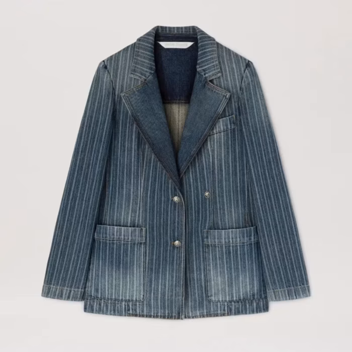 LASER PINSTRIPE DENIM BLAZER LIGHT BLUE